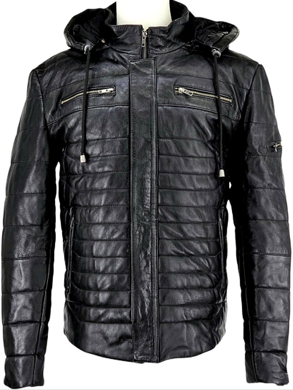 Techno Moto Smart Range Leather Puffer Jacket Men’s L/XL Black Hooded Quilted...